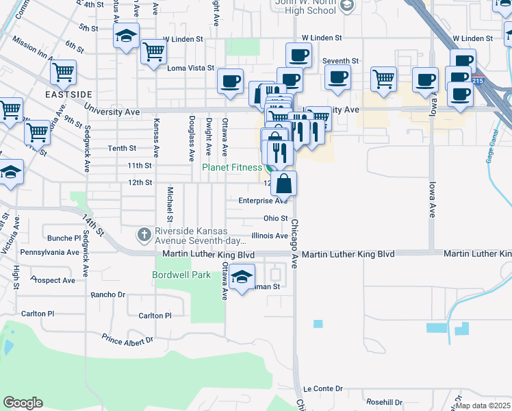 map of restaurants, bars, coffee shops, grocery stores, and more near 1814 Enterprise Avenue in Riverside