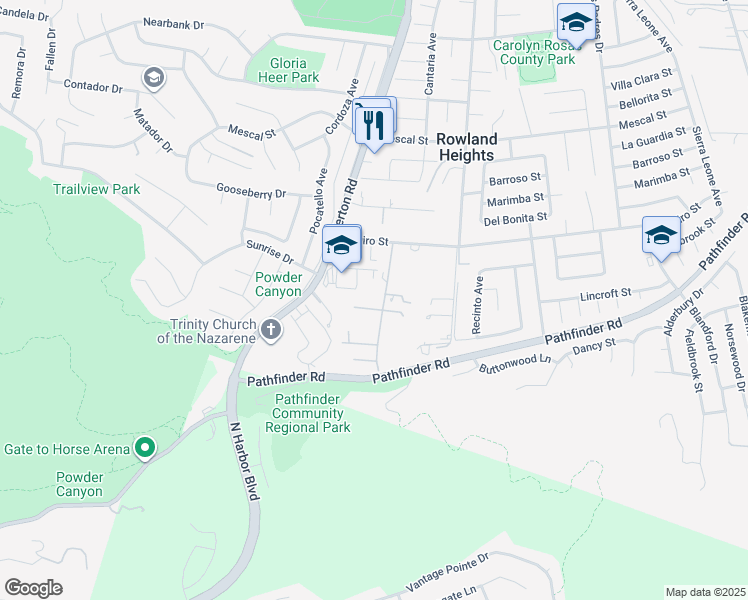 map of restaurants, bars, coffee shops, grocery stores, and more near 18229 Dusk Street in Rowland Heights