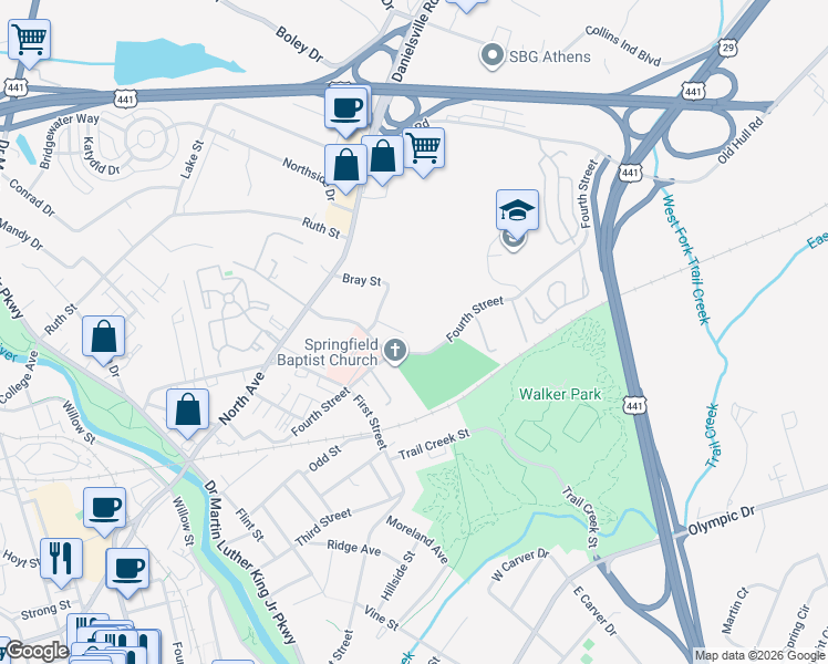 map of restaurants, bars, coffee shops, grocery stores, and more near 185 Cannon Drive in Athens
