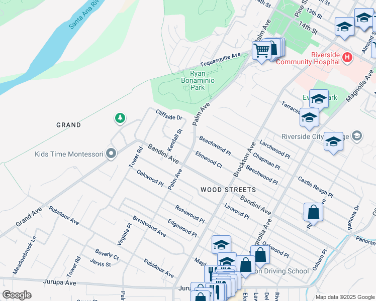 map of restaurants, bars, coffee shops, grocery stores, and more near 5305 Palm Avenue in Riverside