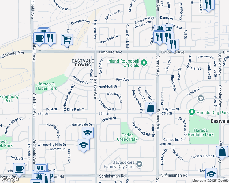 map of restaurants, bars, coffee shops, grocery stores, and more near 13714 Woodlands Street in Corona