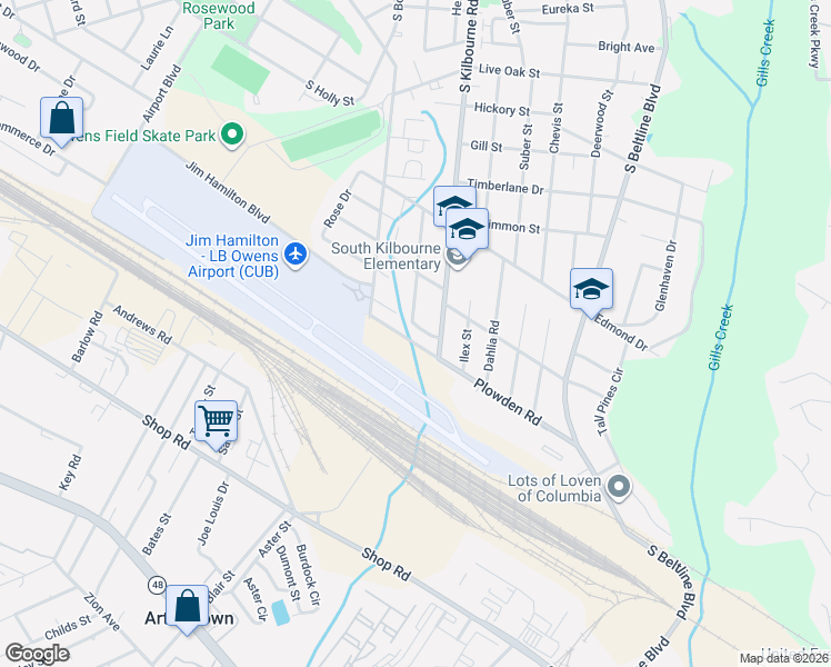 map of restaurants, bars, coffee shops, grocery stores, and more near 3722 Hydrangea Street in Columbia