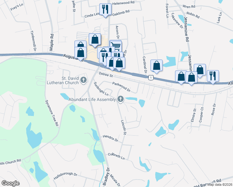 map of restaurants, bars, coffee shops, grocery stores, and more near 305 Park Lane in West Columbia