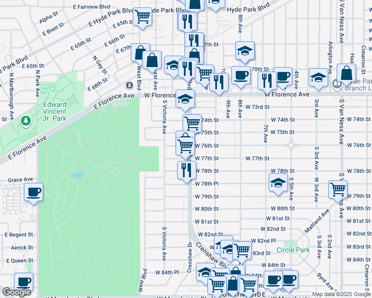 map of restaurants, bars, coffee shops, grocery stores, and more near 7606 Crenshaw Boulevard in Los Angeles