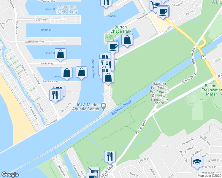 map of restaurants, bars, coffee shops, grocery stores, and more near 13837 Fiji Way in Marina del Rey