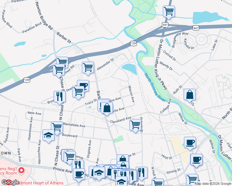 map of restaurants, bars, coffee shops, grocery stores, and more near 357 Augusta Avenue in Athens