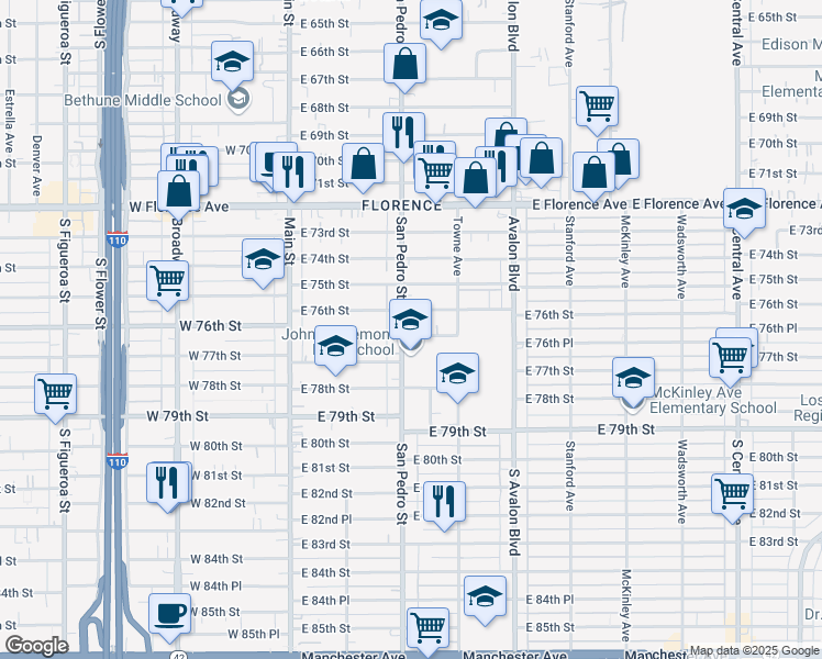 map of restaurants, bars, coffee shops, grocery stores, and more near 309 1/2 East 76th Place in Los Angeles