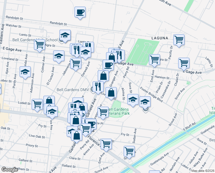 map of restaurants, bars, coffee shops, grocery stores, and more near 6733 Granger Avenue in Bell Gardens