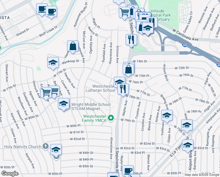 map of restaurants, bars, coffee shops, grocery stores, and more near 7404 Kentwood Avenue in Los Angeles