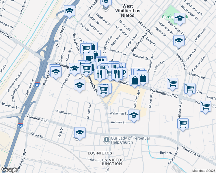 map of restaurants, bars, coffee shops, grocery stores, and more near 8121 Broadway in Whittier