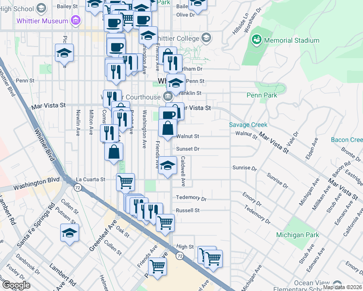 map of restaurants, bars, coffee shops, grocery stores, and more near 13421 Sunset Drive in Whittier