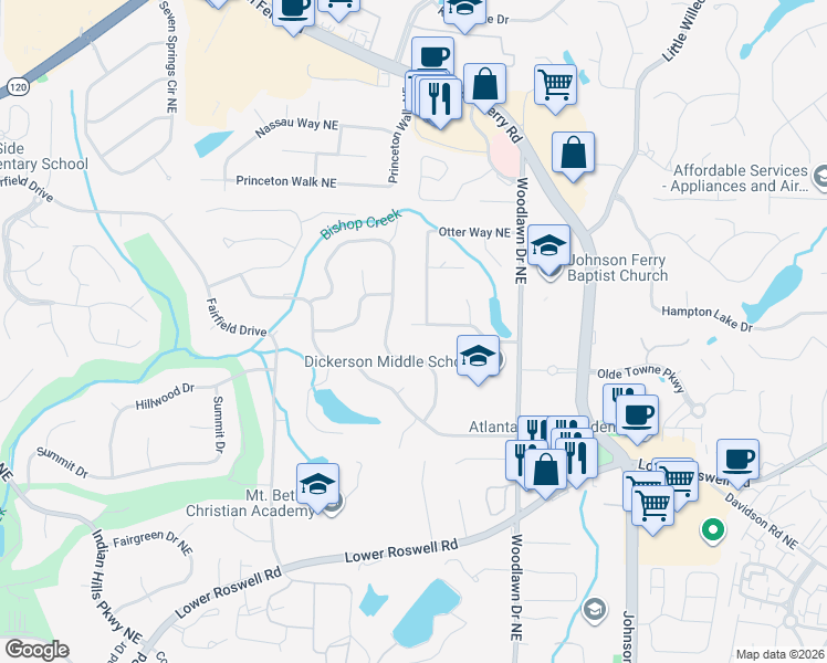 map of restaurants, bars, coffee shops, grocery stores, and more near 4506 Woodlawn Lake Drive in Marietta