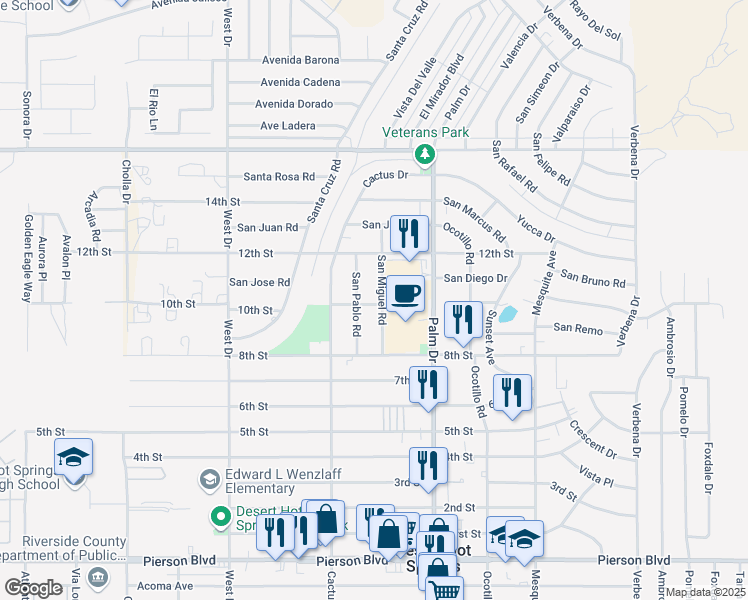 map of restaurants, bars, coffee shops, grocery stores, and more near 10727 San Miguel Road in Desert Hot Springs