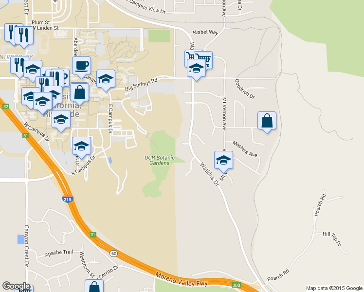 map of restaurants, bars, coffee shops, grocery stores, and more near 274 Frost Court in Riverside