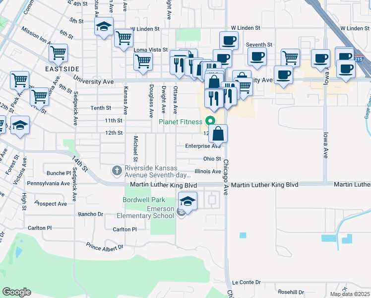 map of restaurants, bars, coffee shops, grocery stores, and more near 1884 Enterprise Avenue in Riverside