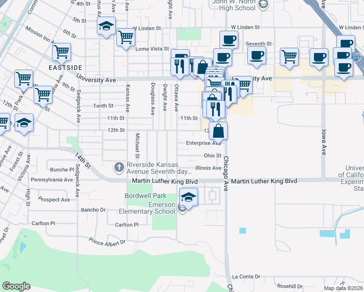 map of restaurants, bars, coffee shops, grocery stores, and more near 1884 Enterprise Avenue in Riverside