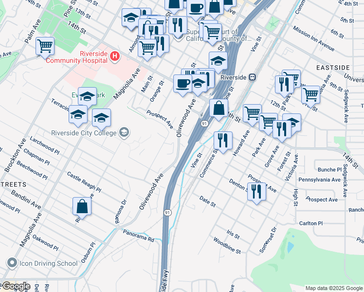 map of restaurants, bars, coffee shops, grocery stores, and more near 4640 Olivewood Avenue in Riverside