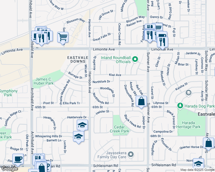 map of restaurants, bars, coffee shops, grocery stores, and more near 13714 Woodlands Street in Corona