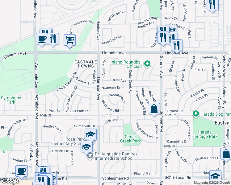 map of restaurants, bars, coffee shops, grocery stores, and more near 13714 Woodlands Street in Corona