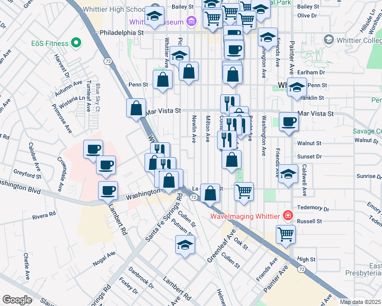 map of restaurants, bars, coffee shops, grocery stores, and more near 7743 1/2 Newlin Avenue in Whittier