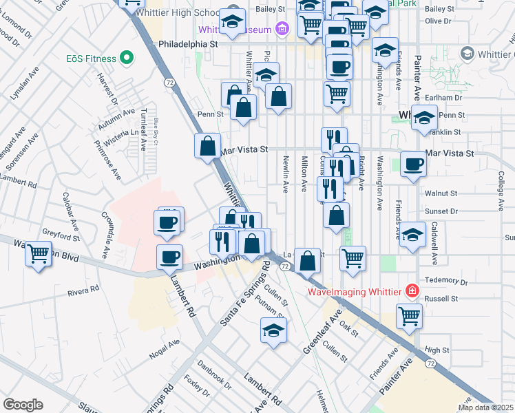 map of restaurants, bars, coffee shops, grocery stores, and more near 7745 Pickering Avenue in Whittier