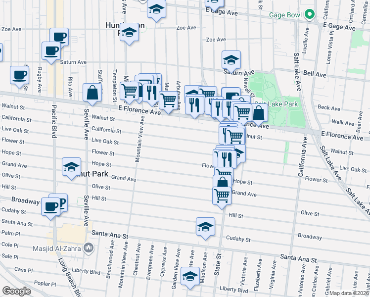 map of restaurants, bars, coffee shops, grocery stores, and more near 3069 Live Oak Street in Huntington Park