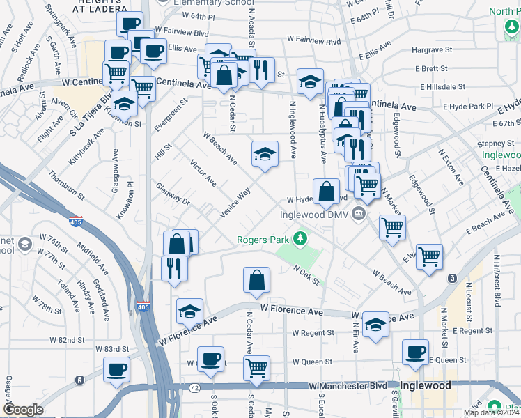 map of restaurants, bars, coffee shops, grocery stores, and more near 531 West Hyde Park Boulevard in Inglewood