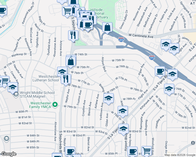map of restaurants, bars, coffee shops, grocery stores, and more near 7660 Boeing Avenue in Los Angeles