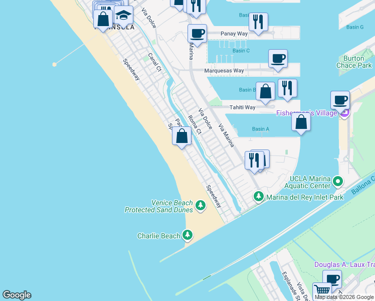 map of restaurants, bars, coffee shops, grocery stores, and more near 4707 Speedway in Marina del Rey