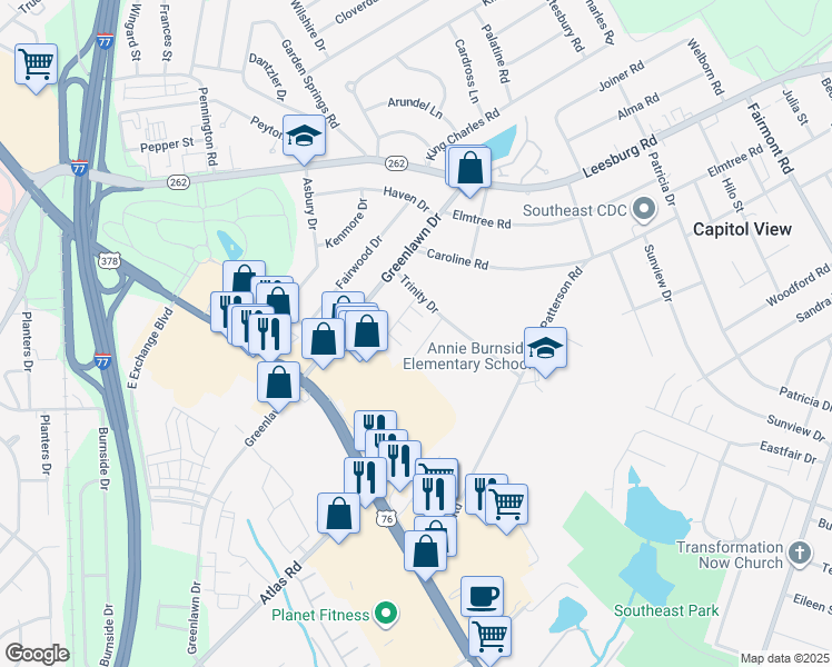 map of restaurants, bars, coffee shops, grocery stores, and more near 1400 Trinity Drive in Columbia