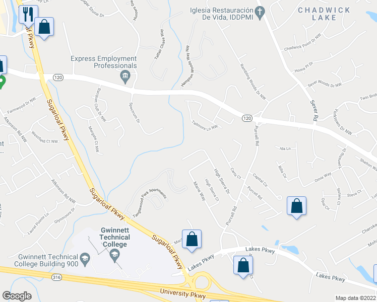 map of restaurants, bars, coffee shops, grocery stores, and more near 1577 High Sierra Drive in Lawrenceville
