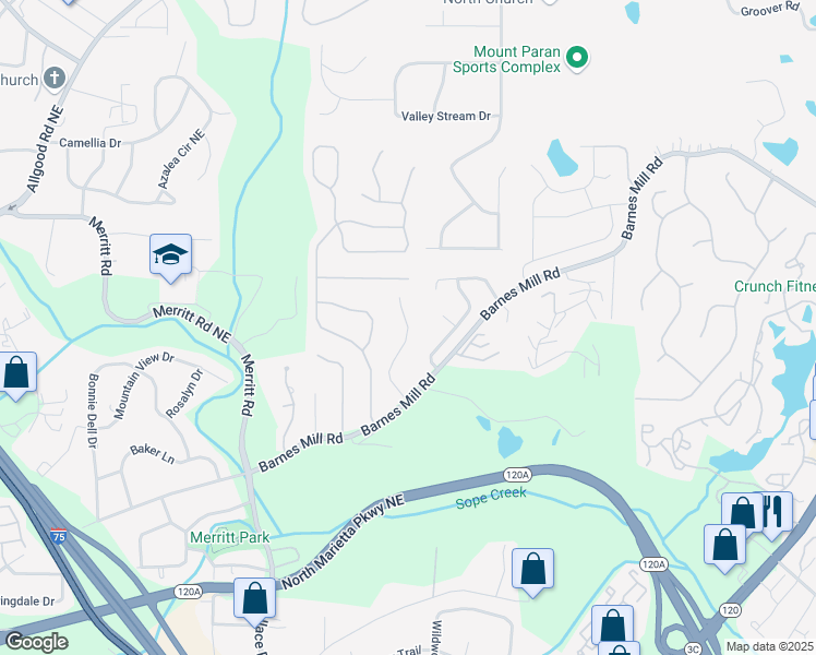 map of restaurants, bars, coffee shops, grocery stores, and more near 775 Barnes Mill Trace Northeast in Marietta