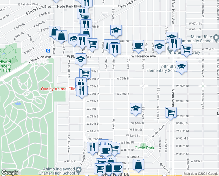 map of restaurants, bars, coffee shops, grocery stores, and more near 3114 West 76th Street in Los Angeles