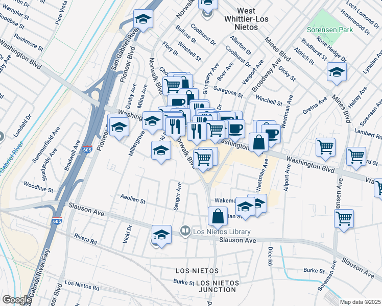 map of restaurants, bars, coffee shops, grocery stores, and more near 8118 Norwalk Boulevard in Whittier