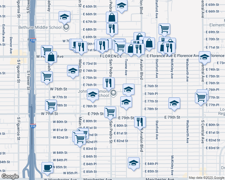 map of restaurants, bars, coffee shops, grocery stores, and more near 305 East 76th Place in Los Angeles