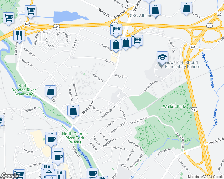 map of restaurants, bars, coffee shops, grocery stores, and more near 150 Evelyn C Neely Drive in Athens