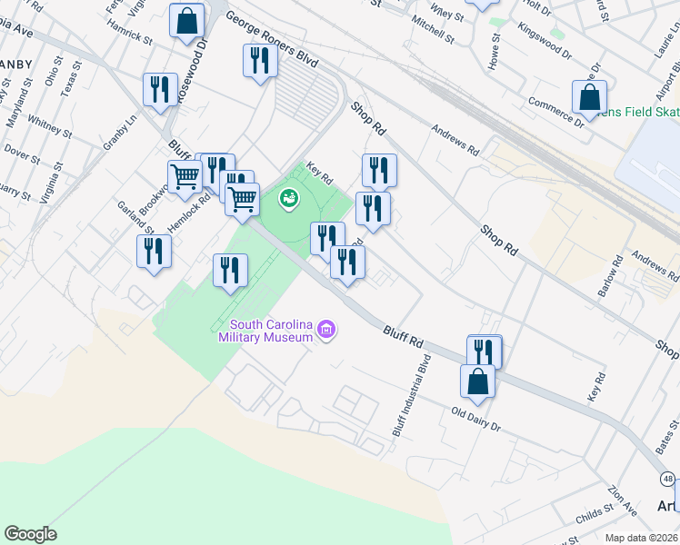 map of restaurants, bars, coffee shops, grocery stores, and more near 1055 Market Road in Columbia