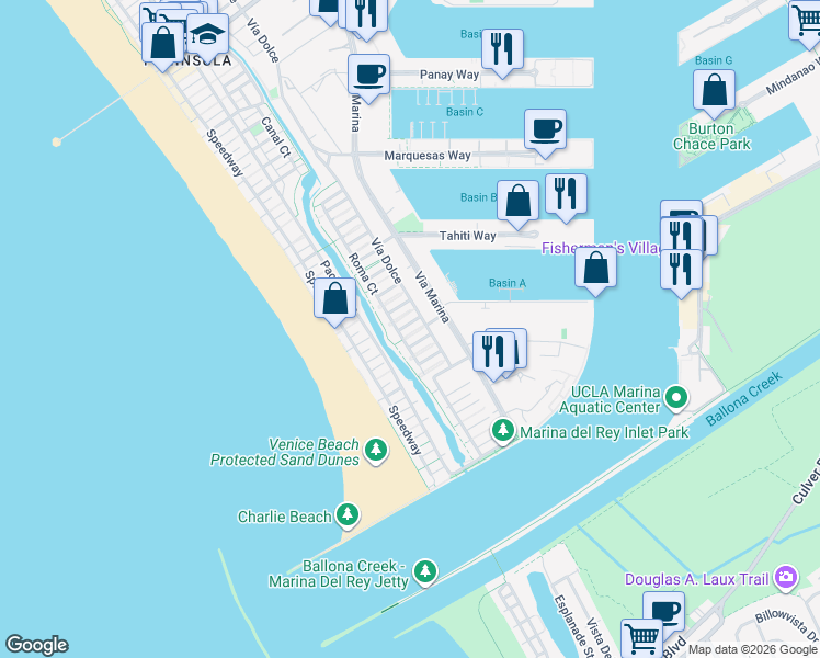 map of restaurants, bars, coffee shops, grocery stores, and more near 125 Reef Mall in Marina del Rey