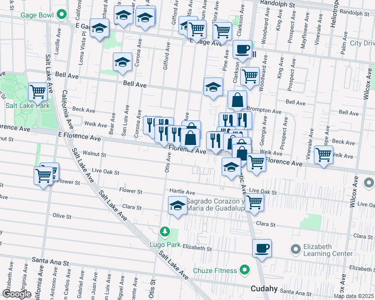 map of restaurants, bars, coffee shops, grocery stores, and more near 4305 Florence Avenue in Bell