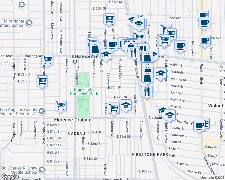 map of restaurants, bars, coffee shops, grocery stores, and more near 1933 East 77th Street in Los Angeles