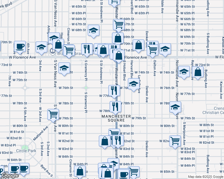 map of restaurants, bars, coffee shops, grocery stores, and more near 1816 West 76th Street in Los Angeles