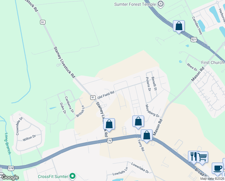 map of restaurants, bars, coffee shops, grocery stores, and more near 2645 Old Field Road in Sumter