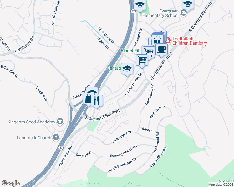 map of restaurants, bars, coffee shops, grocery stores, and more near 3062 Castlerock Road in Diamond Bar