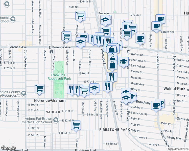 map of restaurants, bars, coffee shops, grocery stores, and more near 2022 East 76th Place in Los Angeles