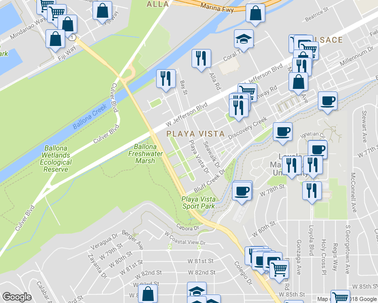 map of restaurants, bars, coffee shops, grocery stores, and more near 13200 Pacific Promenade in Los Angeles