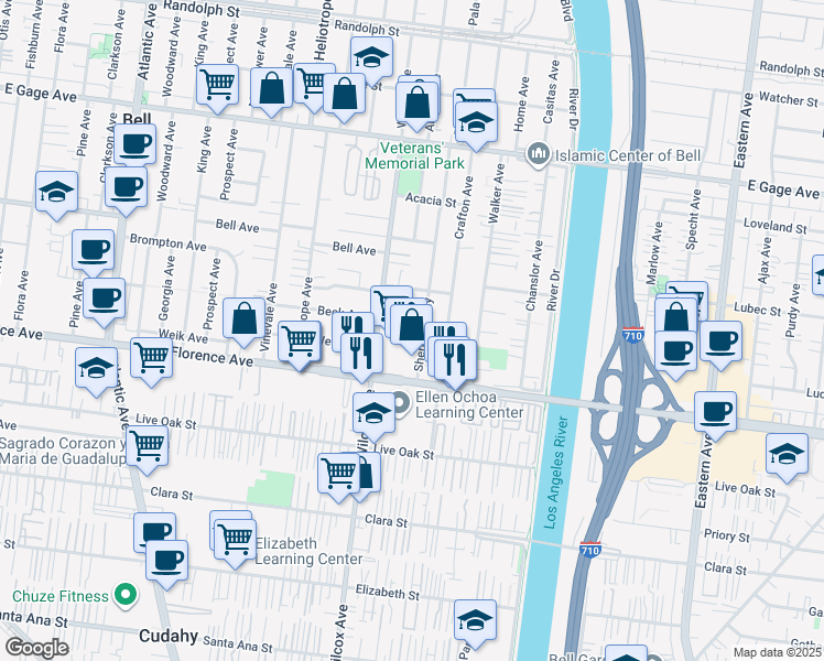 map of restaurants, bars, coffee shops, grocery stores, and more near 7003 Sherman Way in Bell
