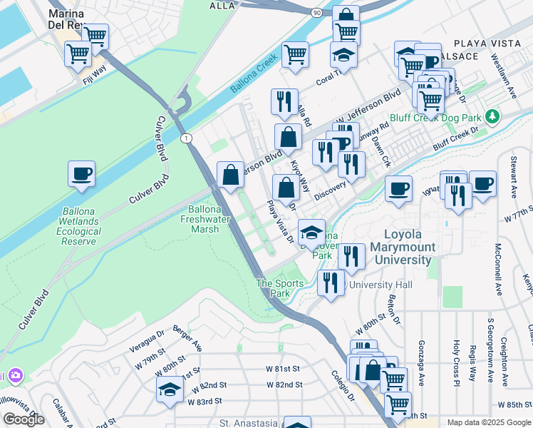 map of restaurants, bars, coffee shops, grocery stores, and more near 13200 Pacific Promenade in Los Angeles