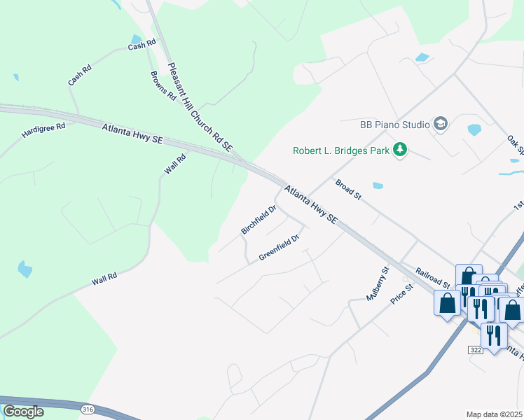 map of restaurants, bars, coffee shops, grocery stores, and more near 379 Birchfield Drive in Statham