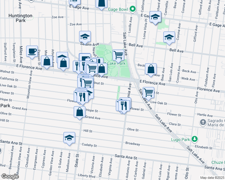 map of restaurants, bars, coffee shops, grocery stores, and more near 3407 California Street in Huntington Park