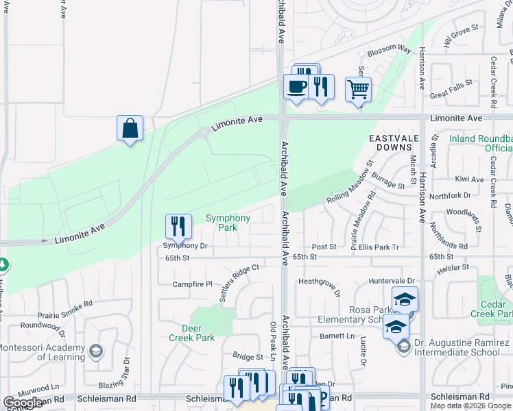 map of restaurants, bars, coffee shops, grocery stores, and more near 13289 Cadenza Drive in Corona